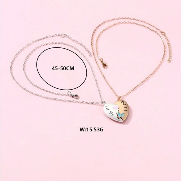 🎁2 FOR $15 2pcs Big & Lil Sis Butterfly & Heart Matte Gold & Silver Plated - Picture 2 of 4